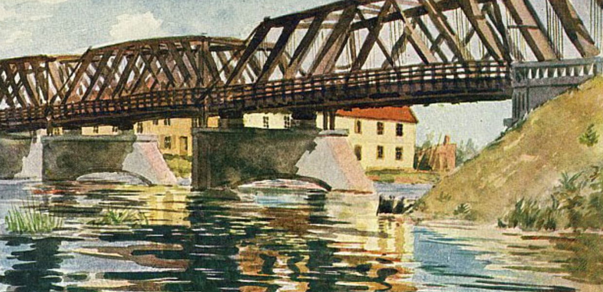 A painting of an iron bridge over a river